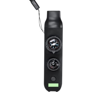 A black survival whistle featuring dual compasses and a lanyard for easy carrying.