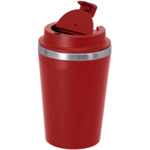 A red insulated cup with a silver band and a flip-top lid, featuring a logo on the side.
