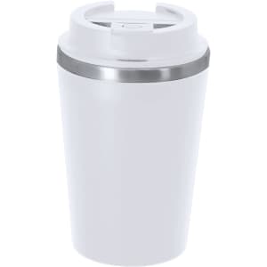 A white insulated travel mug with a stainless steel band and a lid featuring a drinking opening. It has a logo.