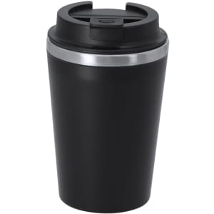 A travel mug in sleek black with a silver band and a secure lid, featuring a logo on the surface.