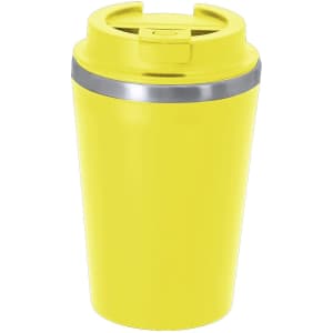 A travel mug in bright yellow with a silver band and a secure lid. It features a branding logo.