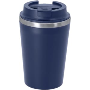 A drink bottle in navy with a silver band and a lid, featuring a branding logo. Ideal for travel.