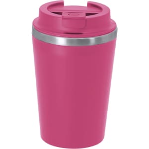 A pink insulated travel mug with a silver band and a flip-top lid. It features a logo.
