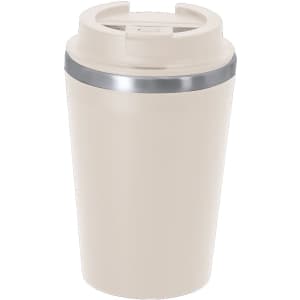 A cream insulated travel mug with a silver band and a lid, featuring a logo on the front.