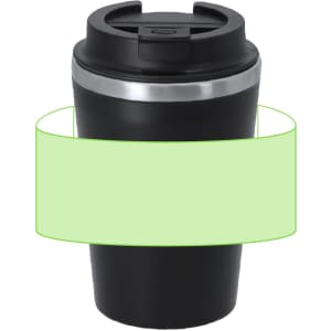 A travel mug in black with a silver band and a black lid, featuring a logo.