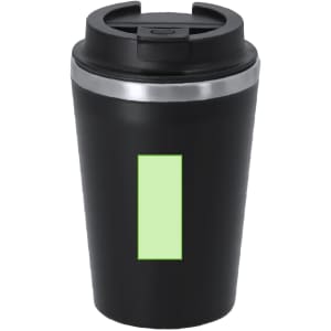 A black insulated cup with a silver band around the top and a green rectangle area. It features a lid.