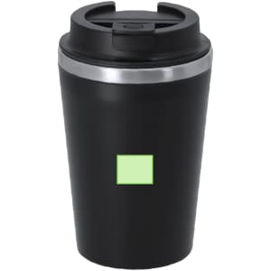 A travel mug with a black exterior, stainless steel band, and a green square logo on the front.