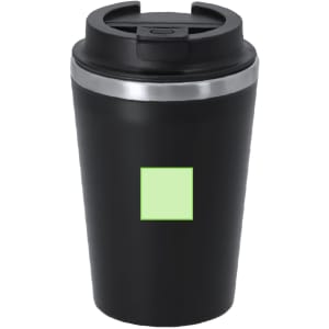 A travel mug featuring a black exterior with a silver band and a green square on the front. It has a secure lid.