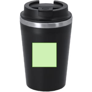 A black insulated travel mug with a silver band and a green square logo area on the front.