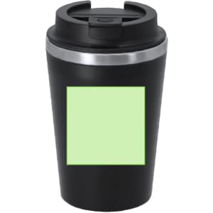 A black insulated travel mug with a silver band and a green area for customisation. Features a lid.