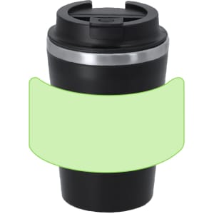 A black insulated travel mug with a metallic band and a lid, featuring a placeholder for branding or labels.