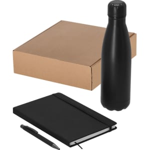 A black drink bottle, a black notebook, and a black pen, all presented in a brown box.