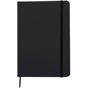 A black notebook with a ribbon bookmark and an elastic closure, featuring a smooth cover and minimal design.