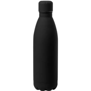 A black drink bottle with a smooth, matte finish and a screw-on lid, featuring a logo.