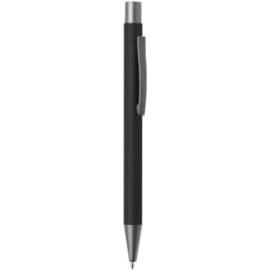 A black pen with a silver clip, featuring a sleek design and a logo on the barrel.