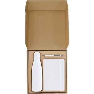 A white drink bottle, notebook, and pen arranged inside a brown gift box. The set is ideal for office use.
