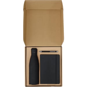 A drink bottle, pen, and notebook in black, presented in a kraft gift box.
