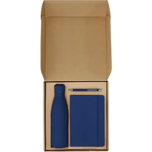 A navy blue drink bottle, notebook, and pen arranged in a kraft gift box. The set features a logo.