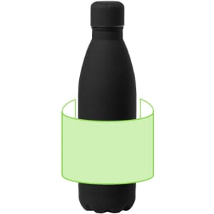 A black drink bottle with a smooth finish, featuring a branding area in a light green colour.