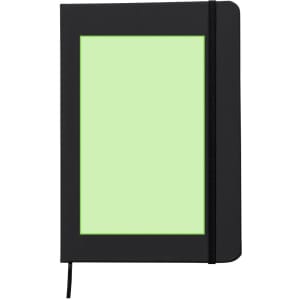 A black notebook with a light green inner page and an elastic band closure. It has a sleek design and a logo.