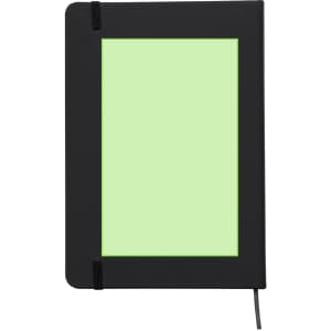 A black notebook featuring a green inner page and an elastic band closure, with a logo on the cover.