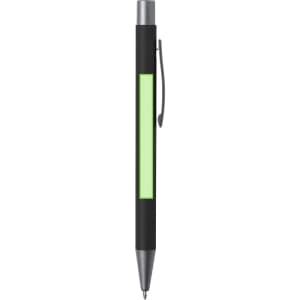 A black pen with a green highlight and a silver clip features a logo.
