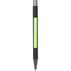 A black and silver pen with a green display area. The pen features a sleek design and has a logo.