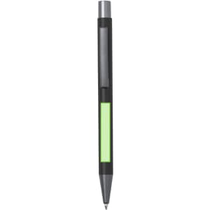 A black pen with a green accent and a clip, featuring a sleek design and a branding logo.