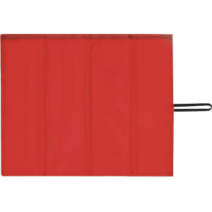 A red cushion with segmented sections and a black strap, featuring a logo on the surface.