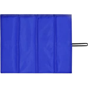 A blue Xalan Cushion with multiple folds and a black attachment, designed for outdoor leisure activities.