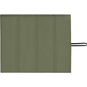 An olive green cushion with a folded design and a black strap on one side, featuring a logo.