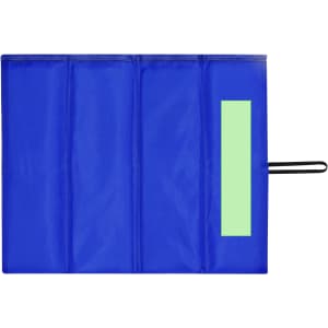 A blue outdoor cushion featuring multiple compartments and a loop for attachment. Includes an area for labelling.