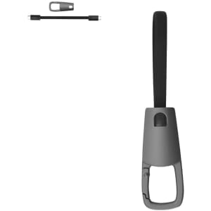 A grey charging cable with a strap attachment, featuring a logo on its casing.