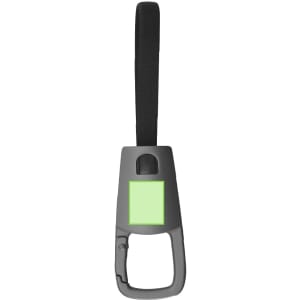 A grey charging cable with a black strap and a green rectangular section, featuring a logo.