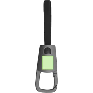 A grey charging cable with a green accent, featuring a carabiner-style clip and a strap for easy attachment.