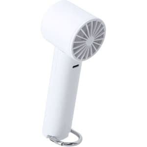 A white portable fan with a cylindrical head and a handle, featuring a metallic keychain attachment.