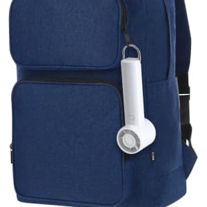 A navy backpack featuring a portable white fan attached to the side. The backpack has multiple zippered pockets and a logo.
