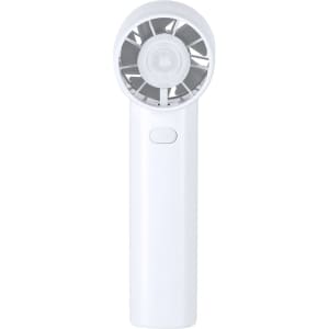 A handheld fan in white featuring a circular fan head and a simple button design.