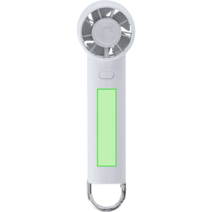 A white handheld fan with a circular head and a green rectangular section, featuring a built-in loop for attachment.