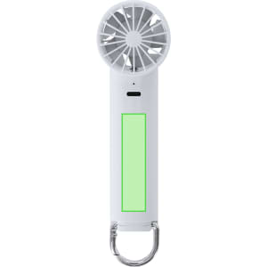 A portable white fan with a circular top, a green panel in the centre, and a metallic keyring attachment.
