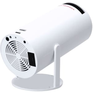 A white projector with a cylindrical design, featuring vents and a stand for support, and a single input port.