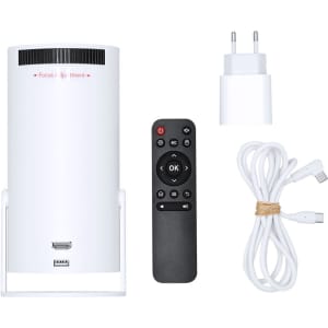 A white Taloxen projector with a remote control, power adapter, and charging cable.