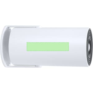 A white cylindrical projector featuring a blank green area for branding, with a sleek design.
