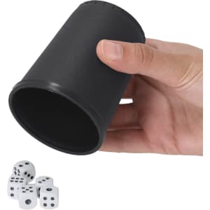 A black dice cup held in a hand, with white dice displayed below it. The dice feature black dots.