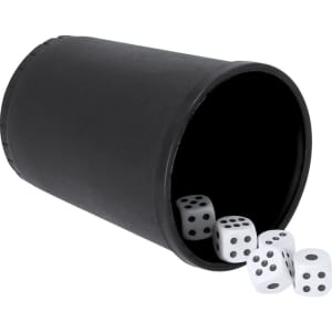 A black dice cup with several white dice spilling out, featuring black dots.