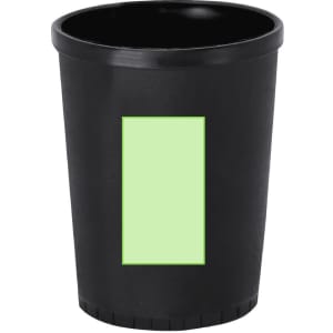 A black cup with a smooth finish and a rectangular light green area on the front, featuring a simple design.