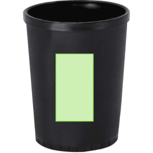 A black cup with a smooth finish and a blank green label area. Suitable for various beverages or use as a container.