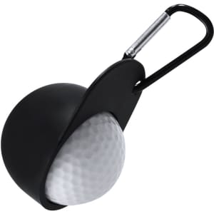 A black keyring featuring a golf ball design and a metal carabiner clip.