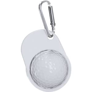 A silver keyring featuring a golf ball design, with a metal clip for attachment.