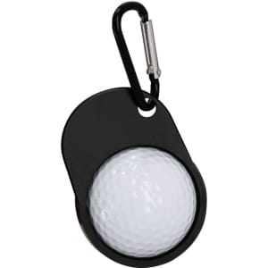 A black keyring featuring a white golf ball, attached with a metal carabiner.